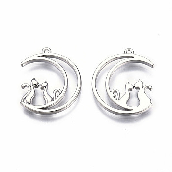 Rack Plating Alloy Pendants, Cadmium Free & Lead Free, Hollow, Moon with Cat, Platinum, 26x21x2mm, Hole: 1.2mm