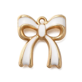 Rack Plating Alloy Enamel Pendants, Bowknot Charm, Golden, White, 19.5x17.5x3mm, Hole: 1.5mm