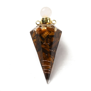 Natural Tiger Eye Perfume Bottle Pendants, Resin Faceted Cone Charms with Golden Plated Brass Screw Cap, 46.5~48x19~20x17~18mm, Hole: 1.8mm