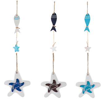 Mediterranean Style Wood Pendant Ornaments, Wall Decor Door Hanging Decoration, Fish with Star & Starfish, Mixed Color, 6pcs/set