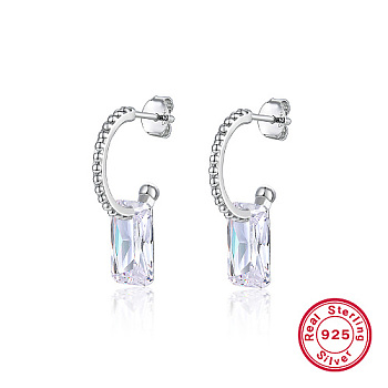Rhodium Plated 925 Sterling Silver Half Hoop Earrings, Cubic Zirconia Rectangle Dangle Stud Earrings, with 925 Stamp, Platinum, 25x7mm