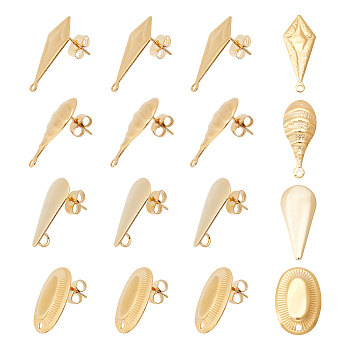 16Pcs 4 Style 304 Stainless Steel Stud Earring Findings, with Loops, Rhombus & Oval & Teardrop, Golden, 18~21.5x9~12.5mm, Hole: 1.2~2.5mm, Pin: 0.7~0.8mm, 4Pcs/style