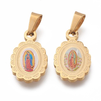 304 Stainless Steel Lady of Guadalupe Pendants, Oval with Virgin Mary, Golden, 17x10.5x2mm, Hole: 6.5mm