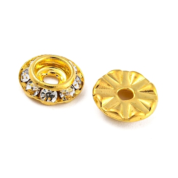 Brass Crystal Rhinestone Beads, Flat Round, Golden, 9x2.5mm, Hole: 1.6~2mm