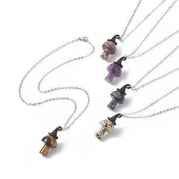 5Pcs 5 Style Natural Mixed Gemstone Mushroom with Witch Hat Pendant Necklaces Set, 304 Stainless Steel Jewelry for Women, 17.56 inch(44.6cm), 1Pc/style