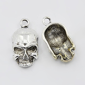 Tibetan Style Alloy Pendants, Cadmium Free & Lead Free, Skull, for Halloween Day, Antique Silver, 19x10x5mm, Hole: 2mm