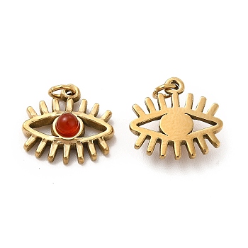 Natural Carnelian Eye Charms, with Ion Plating(IP) 304 Stainless Steel Findings and Jump Ring, Real 18K Gold Plated, 12.5x13x4mm, Hole: 2.6mm