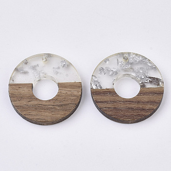Transparent Resin & Walnut Wood Pendants, with Silver Foil, Waxed, Donut/Pi Disc, Silver, Donut Width: 13mm, 28x4mm, Hole: 2mm