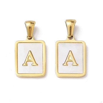 Ion Plating(IP) 304 Stainless Steel Pave Shell Pendants, Rectangle Charm, Real 18K Gold Plated, Letter A, 17.5x12x1.5mm, Hole: 3x5mm