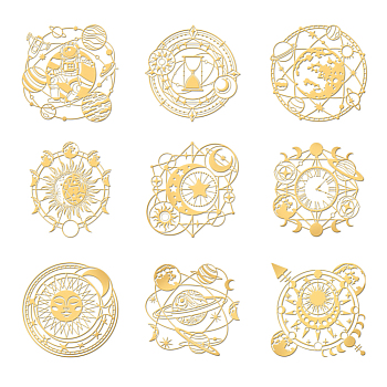 9Pcs Nickel Custom Self-adhesive Picture Stickers, Independence Day Metal Decals, Golden, Planet, 40x40mm