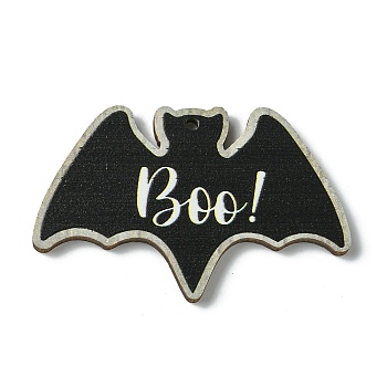 Halloween Single Face Printed Wood Big Pendants, Bat Shape Charms with BOO, Black, 34.5x54.5x2.5mm, Hole: 2.5mm