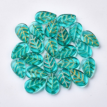 Transparent Spray Painted Glass Pendants, with Glitter Powder, Leaf, Light Sea Green, 18x11x3.5mm, Hole: 1.2mm