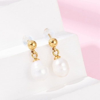 304 Stainless Steel Natural Freshwater Pearl Dangle Stud Earrings, Ion Plating(IP), Oval, Real 14K Gold Plated, 15x6.5mm