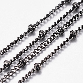 304 Stainless Steel Curb Chains, Satellite Chains, Soldered, with Spool, with Rondelle Beads, Electrophoresis Black, 1.5mm, about 65.61 Feet(20m)/roll