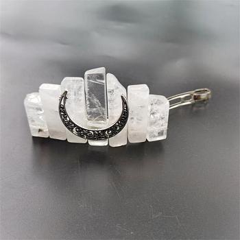 Bohemian Style Natural Quartz Crystal & Hollow Moon Crown Hair Barrettes, with Metal Clips, for Women Girls, 80mm