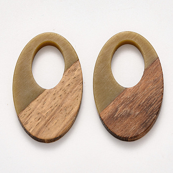 Resin & Walnut Wood Pendants, Waxed, Oval, Dark Khaki, 35.5x21.5x3~4mm, Hole: 16x10mm