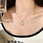 Brass Pave Clear Cubic Zirconia Smiling Face Star Pendant Necklaces, Platinum, 17.95 inch(45.6cm)(KK-CBA6599-04A-P)
