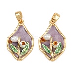 Brass Enamel Pendants, with Natural Pearl, Real 18K Gold Plated, Nuggets with Flower Charm, Medium Purple, 22x14x5.5mm, Hole: 5x3mm(KK-H078-04A-G02)