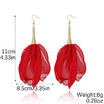 Alloy & Cloth Dangle Earrings, Flower, Light Gold, Red, 110x85mm(WG6E4DC-02)