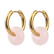 304 Stainless Steel Huggie Hoop Earrings, with 316 Surgical Stainless Steel Pin and Rondelle Natural Rose Quartz Beads, Golden, 25mm, Pin: 0.9mm(EJEW-JE04260-02)