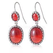 Red Resin Oval Dangle Earrings, Alloy Jewelry Gift for Women, Antique Silver, 42.2x15.5mm(JE1087A)