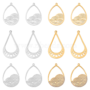 DICOSMETIC 12Pcs 3 Style 201 Stainless Steel Pendants, Laser Cut, Teardrop, Golden & Stainless Steel Color, 30~39x21~22x1mm, Hole: 1.4~1.5mm, 4pcs/style(STAS-DC0001-62)