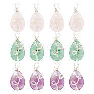 4 Sets 3 Styles Natural Mixed Stone Pendants, Natural Rose Quartz & Amethyst & Green Aventurine, Teardrop Charm, with Silver Tone Eco-Friendly Copper Wire Wrapped, 25.5x13x6.7mm, Hole: 3.4mm, 1pc/style(FIND-DC0001-48)