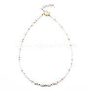 Beaded Necklaces, with Brass Beads, Glass Beads, Natural Pearl Beads and 304 Stainless Steel Lobster Claw Clasps, Golden, Light Salmon, 17.91 inch(45.5cm)(NJEW-JN03075-04)
