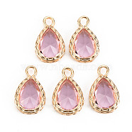 Glass Pendants, with Brass Findings, Faceted, Teardrop, Light Gold, Pink, 15x9x4.5mm, Hole: 1.8~2mm(GLAA-S193-003C)