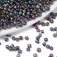 Round Glass Seed Beads, Transparent Colours Rainbow, Round, Purple, 4mm(SEED-A007-4mm-171A)