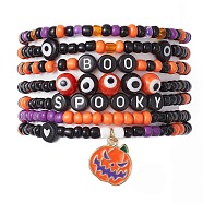 7Pcs 7 Styles Evil Eye & Word Glass & Lampwork Beaded Stretch Bracelet Sets, Halloween Pumpkin Charm Stackable Bracelets for Women Men, Mixed Color, Inner Diameter: 2-1/4~2-3/8 inch(5.6~5.9cm), 1pc/style(BJEW-JB10447)