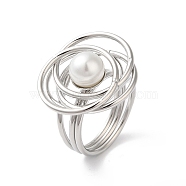 304 Stainless Steel Flower Finger Ring for Women, with ABS Plastic Imitation Pearls, Stainless Steel Color, Inner Diameter: 18mm(RJEW-C091-03P)