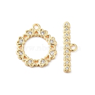 Brass Pave Clear Cubic Zirconia Toggle Clasps, Heart, Real 18K Gold Plated, Ring: 16x14x1.5mm, Hole: 1.4mm, Bar: 18.5x5x1.5mm, Hole: 1.4mm(KK-P234-83G)