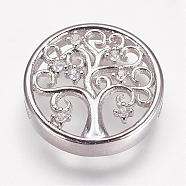 Brass Micro Pave Cubic Zirconia Slide Charms, Flat Round with Tree, Platinum, 15.5x4mm, Hole: 1.5x6mm(ZIRC-F046-42P)