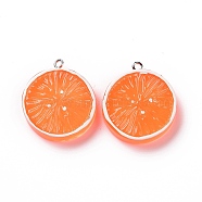 Flat Round Resin Fruit Pendants, Orange Charms, with Platinum Tone Iron Loops, Dark Orange, 30x26.5x5.5mm, Hole: 2mm(RESI-H144-10A)