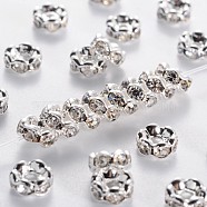 Brass Rhinestone Spacer Beads, Grade AAA, Wavy Edge, Nickel Free, Silver Color Plated, Rondelle, Crystal, 6x3mm, Hole: 1mm(RB-A014-L6mm-01S-NF)