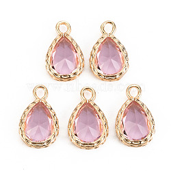 Glass Pendants, with Brass Findings, Faceted, Teardrop, Light Gold, Pink, 15x9x4.5mm, Hole: 1.8~2mm(GLAA-S193-003C)