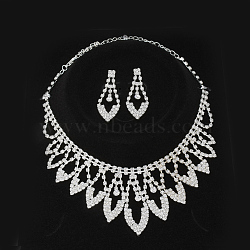 Fashionable Wedding Rhinestone Necklace and Stud Earring Jewelry Sets, Bridal Tiaras, with Iron and Brass Base, Silver Color Plated, Crystal, 9.8 inch(250mm)x53mm, 50x19mm, pin: 0.8mm(SJEW-S042-07)