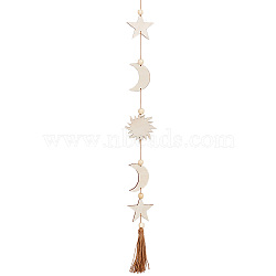 Star Moon Bohemian Style Wooden Pendant Decorations, Tassel Wall Hanging Ornaments, for Home Living Room Bedroom Decoration, Wheat, 770mm(HJEW-WH0053-12)