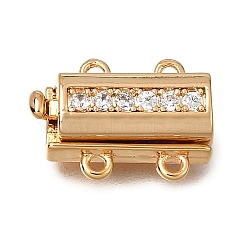 4-Hole Brass Micro Pave Clear Cubic Zirconia Box Clasps, Rectangle, 2-Strand, Nickel Free, Real 18K Gold Plated, 14x10x4.5mm, Hole: 1mm(CU-CBA4292-863G)