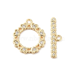 Brass Pave Clear Cubic Zirconia Toggle Clasps, Heart, Real 18K Gold Plated, Ring: 16x14x1.5mm, Hole: 1.4mm, Bar: 18.5x5x1.5mm, Hole: 1.4mm(KK-P234-83G)
