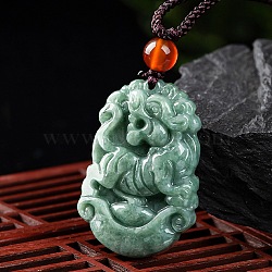 Natural Jadeite Pendant Necklaces, with Resin Bead and Wax Rope, the 12 Chinese Zodiac, Tiger, 24.80 inch(63cm), Pendant: 34x22.5mm(G-H306-05-03)