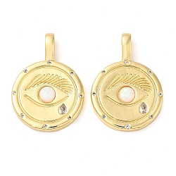 Rack Plating Brass Cubic Zirconia Pendants, with Synthetic Opal, Flat Round, Real 18K Gold Plated, 25x18x4mm, Hole: 5x2mm(KK-M260-05G)