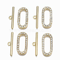 Alloy Rhinestone Toggle Clasps, Cadmium Free & Nickel Free & Lead Free, Oval, Real 16K Gold Plated, Oval: 28x12.5x2.5mm, Hole: 22x6.5mm, Bar: 29.5x6x2mm, Hole: 2mm(PALLOY-Q441-024-NR)