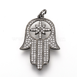 Brass Micro Pave Cubic Zirconia Pendants, with Jump Rings, Hamsa Hand/Hand of Fatima /Hand of Miriam, Gunmetal, 34.5x22.5x3mm, Hole: 3mm(ZIRC-Q013-27B)