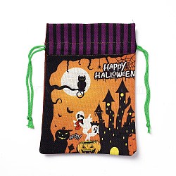 Halloween Cotton Cloth Storage Pouches, Rectangle Drawstring Treat Bags Goody Bags, for Candy Gift Bags, Tower Pattern, 21x14.5x0.4cm(ABAG-A005-01C)