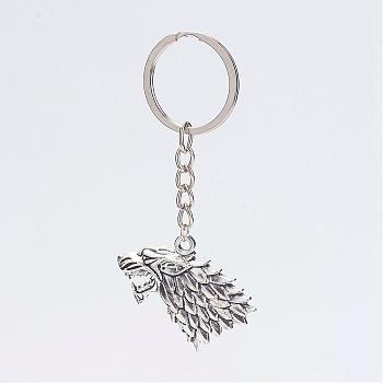Alloy Pendant Keychain, with Iron Key Ring, Platinum and Antique Silver, Dragon Head, Antique Silver, 91mm