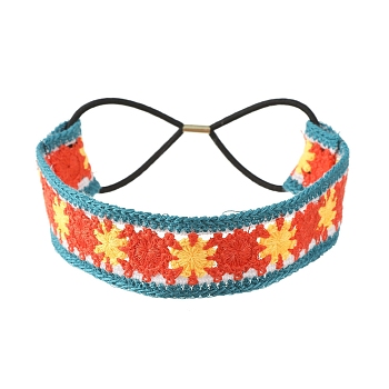 Flower Pattern Crochet Turban Elastic Hair Scarf, Sunproof Crochet Hollow Hairband, Orange Red, 380x35mm