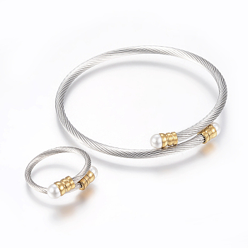 304 Stainless Steel Jewelry Sets, Adjustable Bangles and Rings, with Acrylic Beads, Golden & Stainless Steel Color, 55mm, 18mm