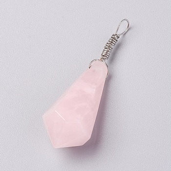 Natural Rose Quartz Pendants, with Brass Findings, Cone, Platinum, 44~46x14~15mm, Hole: 4mm